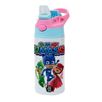 PJ masks, Παιδικό παγούρι θερμό, ανοξείδωτο, με καλαμάκι ασφαλείας, Ροζ/Σιελ (360ml) BPA FREE