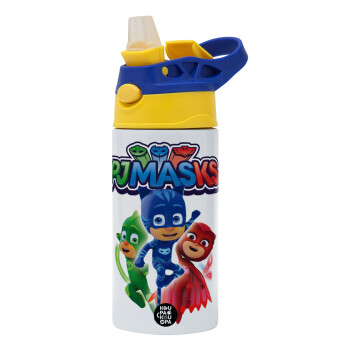 PJ masks, Children's hot water bottle, stainless steel, with safety straw, green, blue (360ml) BPA FREE