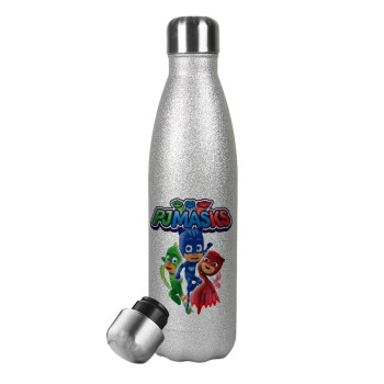 PJ masks, Metallic Glitter Silver Thermos Flask (Stainless steel), double-walled, 500ml