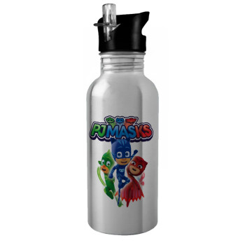 PJ masks, Water bottle Silver with straw, stainless steel 600ml