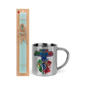 PJ masks, Easter Set, metallic thermal cup (300ml) & aromatic flat Easter candle (30cm) (TURQUOISE)