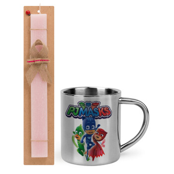 PJ masks, Easter Set, metallic thermal cup (300ml) & aromatic flat Easter candle (30cm) (PINK)