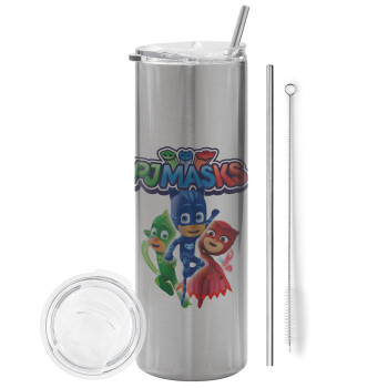 PJ masks, Eco friendly stainless steel Silver tumbler 600ml, with metal straw & cleaning brush