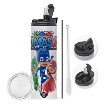 PJ masks, Travel Tumbler θερμό με διπλό καπάκι, μεταλλικό καλαμάκι και βούρτσα καθαρισμού (Ανωξείδωτο 304 Food grade, BPA free, 600ml)