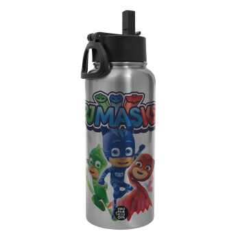 PJ masks, Μεταλλικό παγούρι θερμός Silver με καλαμάκι και χερούλι (Stainless steel), διπλού τοιχώματος, 950ml