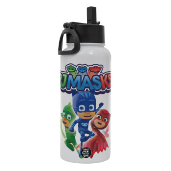 PJ masks, Μεταλλικό παγούρι θερμός Λευκό με καλαμάκι και χερούλι (Stainless steel), διπλού τοιχώματος, 950ml