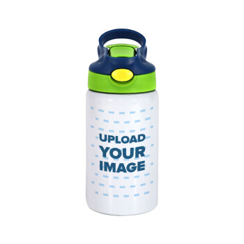 Upload your logo, Children's hot water bottle, stainless steel, with safety straw, green, blue (350ml)