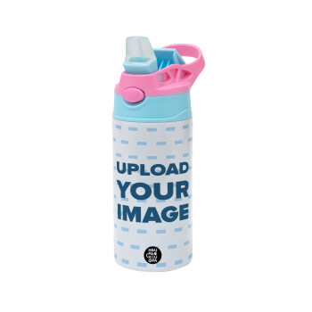 Upload your logo, Children's hot water bottle, stainless steel, with safety straw, Pink/BlueCiel (360ml) BPA FREE