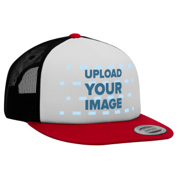 Upload your logo, Adult Foam Flat Snapback with Mesh Red-White-Black (POLYESTER, ADULT, UNISEX, ONE SIZE)