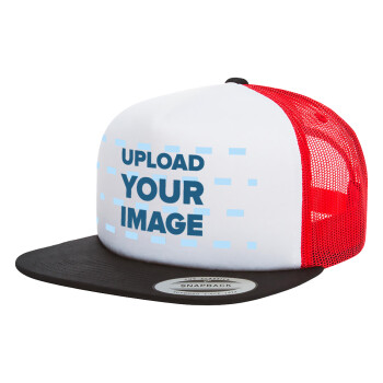 Upload your logo, Adult Foam Flat Snapback with Mesh Black-White-Red (POLYESTER, ADULT, UNISEX, ONE SIZE)