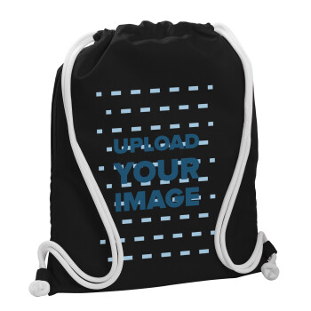 Upload your logo, Backpack pouch GYMBAG Black, with pocket (40x48cm) & thick white cords