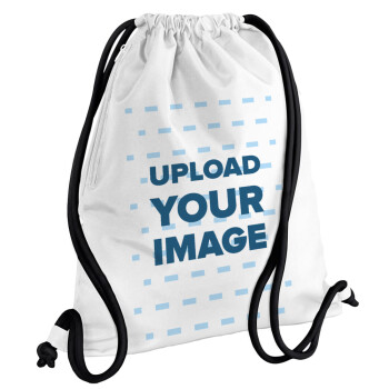 Upload your logo, Backpack pouch GYMBAG white, with pocket (40x48cm) & thick cords