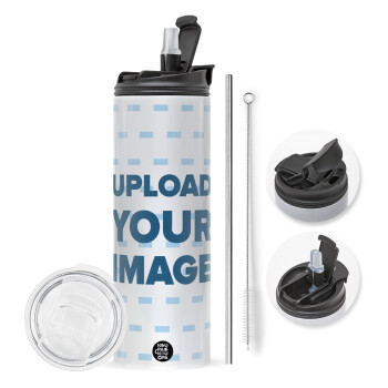 Upload your logo, Travel Tumbler 2 Lids, with metal straw & cleaning brush (Stainless steel 304 Food grade, BPA free, 600ml)