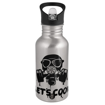 Let's cook mask, Water bottle Silver with straw, stainless steel 500ml