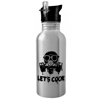 Let's cook mask, Water bottle Silver with straw, stainless steel 600ml