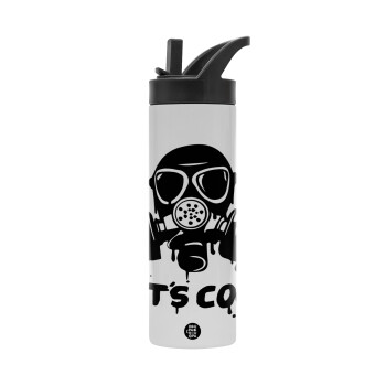 Let's cook mask, Metallic thermos bottle with straw & handle, stainless steel (Stainless steel 304), double-walled, 600ml.