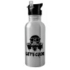 Water bottle Silver with straw, stainless steel 600ml