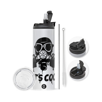 Let's cook mask, Travel Tumbler θερμό με διπλό καπάκι, μεταλλικό καλαμάκι και βούρτσα καθαρισμού (Ανωξείδωτο 304 Food grade, BPA free, 600ml)