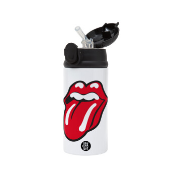 Rolling Stones Kiss, Children's hot water bottle, stainless steel, with safety straw, Black (360ml) BPA-FREE