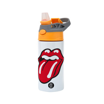 Rolling Stones Kiss, Children's hot water bottle, stainless steel, with safety straw, Orange/Grey (360ml) BPA-FREE