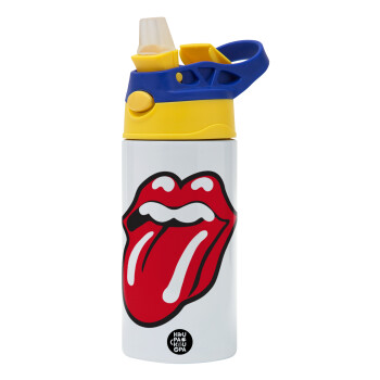 Rolling Stones Kiss, Children's hot water bottle, stainless steel, with safety straw, green, blue (360ml) BPA FREE