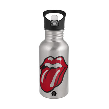 Rolling Stones Kiss, Παγούρι νερού Ασημένιο με καλαμάκι, ανοξείδωτο ατσάλι 500ml