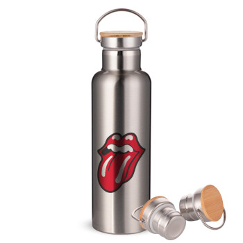 Rolling Stones Kiss, Μεταλλικό παγούρι θερμός (Stainless steel) Ασημένιο με ξύλινο καπακι (bamboo), διπλού τοιχώματος, 750ml