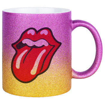 Rolling Stones Kiss, Κούπα Χρυσή/Ροζ Glitter, κεραμική, 330ml