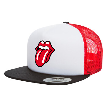 Rolling Stones Kiss, Adult Foam Flat Snapback with Mesh Black-White-Red (POLYESTER, ADULT, UNISEX, ONE SIZE)