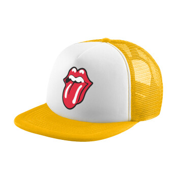 Rolling Stones Kiss, Adult Soft Trucker Hat with Yellow/White Mesh (POLYESTER, ADULT, UNISEX, ONE SIZE)