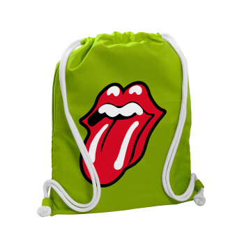Rolling Stones Kiss, Τσάντα πλάτης πουγκί GYMBAG LIME GREEN, με τσέπη (40x48cm) & χονδρά κορδόνια