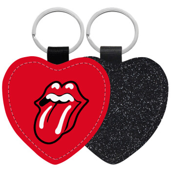 Rolling Stones Kiss, Μπρελόκ PU δερμάτινο glitter καρδιά ΜΑΥΡΟ