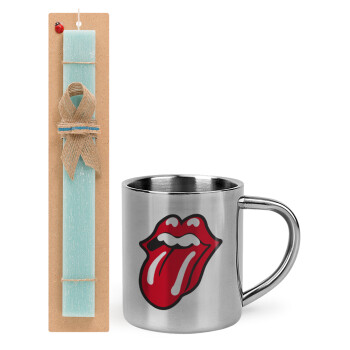 Rolling Stones Kiss, Easter Set, metallic thermal cup (300ml) & aromatic flat Easter candle (30cm) (TURQUOISE)