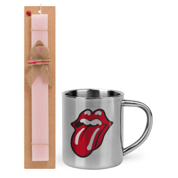 Rolling Stones Kiss, Easter Set, metallic thermal cup (300ml) & aromatic flat Easter candle (30cm) (PINK)