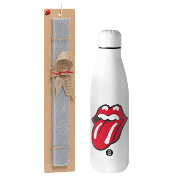 Rolling Stones Kiss, Easter Set, metallic stainless thermos bottle (500ml) & scented flat Easter candle (30cm) (GRAY)