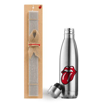 Rolling Stones Kiss, Easter Set, metallic stainless thermos flask (500ml) & scented flat Easter candle (30cm) (GRAY)