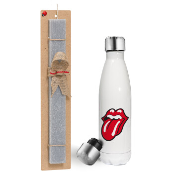 Rolling Stones Kiss, Easter candle, metallic white thermos bottle (500ml) & aromatic flat candle (30cm) (GRAY)