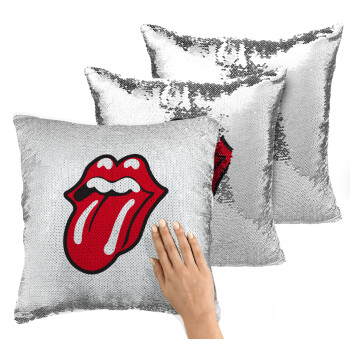 Rolling Stones Kiss, Μαξιλάρι καναπέ Μαγικό Ασημένιο με πούλιες 40x40cm περιέχεται το γέμισμα
