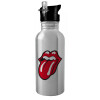 Water bottle Silver with straw, stainless steel 600ml