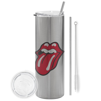 Rolling Stones Kiss, Eco friendly stainless steel Silver tumbler 600ml, with metal straw & cleaning brush