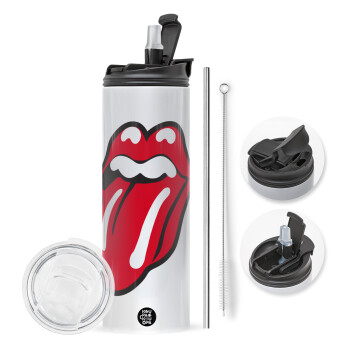 Rolling Stones Kiss, Travel Tumbler θερμό με διπλό καπάκι, μεταλλικό καλαμάκι και βούρτσα καθαρισμού (Ανωξείδωτο 304 Food grade, BPA free, 600ml)