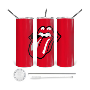 Rolling Stones Kiss, Tumbler ποτήρι θερμό από ανοξείδωτο ατσάλι 600ml, με μεταλλικό καλαμάκι & βούρτσα καθαρισμού