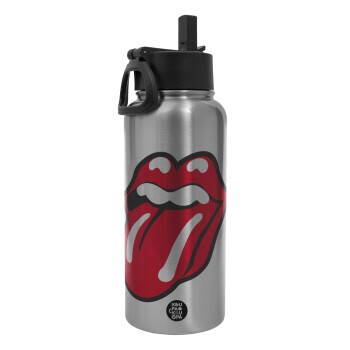 Rolling Stones Kiss, Μεταλλικό παγούρι θερμός Silver με καλαμάκι και χερούλι (Stainless steel), διπλού τοιχώματος, 950ml