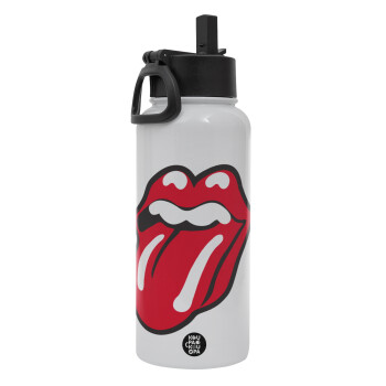 Rolling Stones Kiss, Metal mug thermo White with Straw and Spout Lid (Stainless steel), double wall, 950ml