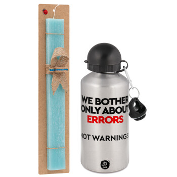 We bother only about errors, not warnings, Easter Set, metallic silver aluminum water bottle (500ml) & scented flat Easter candle (30cm) (TURQUOISE)