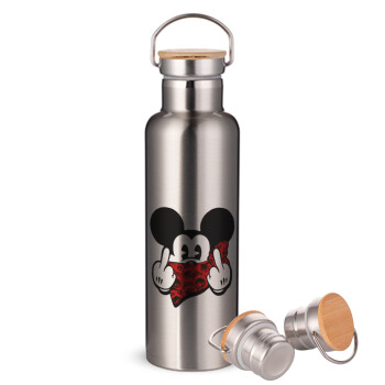 Mickey the fingers, Stainless steel Silver with wooden lid (bamboo), double wall, 750ml