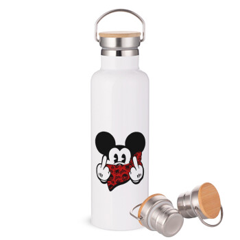 Mickey the fingers, Stainless steel White with wooden lid (bamboo), double wall, 750ml