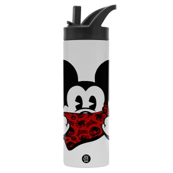 Mickey the fingers, Metallic thermos bottle with straw & handle, stainless steel (Stainless steel 304), double-walled, 600ml.