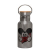 Stainless steel metallic thermos flask, silver with a bamboo lid, double-walled, 350ml.