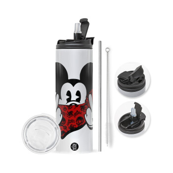 Mickey the fingers, Travel Tumbler θερμό με διπλό καπάκι, μεταλλικό καλαμάκι και βούρτσα καθαρισμού (Ανωξείδωτο 304 Food grade, BPA free, 600ml)